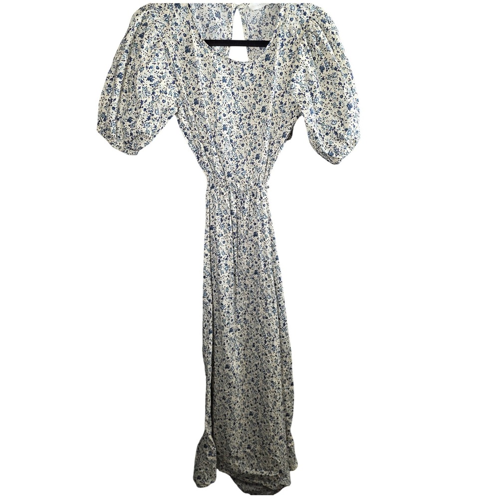 Lush Maxi Dress Floral Small S Cotton Blue White Cut Out Back‎ Short Sleeves